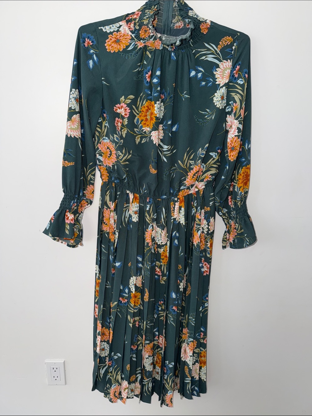 Indie & Co Green Floral Dress Pleated High Neck Women's Size Large